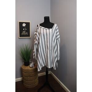 Hebbeding 100% Linen Striped Grey Black Lagenlook Blouse Size L